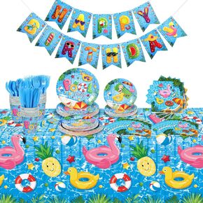 Lenwen 171 Pcs Pool Birthday Party Supplies Decorations Serves 24 Include Summer Beach Tablecloth Pool Party Birthday Banner Party Plates and Napkins Tableware Set for Beach Birthday Pool Party Decor