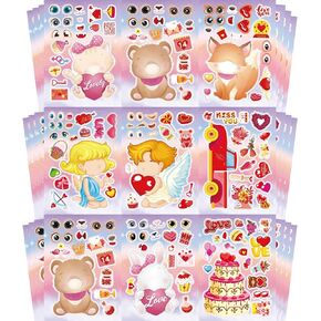 Aowplc 48 Sheets Valentine’s Stickers - 12 Cute Make-A-Face Designs - Valentine’s Day Gifts for Kids, Classroom Crafts & Party Supplies