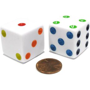 Koplow Games Set of 2 D6 25mm Large Opaque Jumbo Dice - White with Multicolor Pips