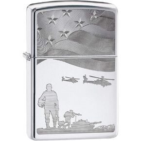 Zippo Lighter: Soldiers and American Flag, Engraved - High Polish Chrome 80790