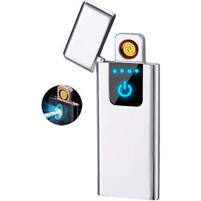 Smart Fingerprint Sensor Lighter Flameless Windproof Lighter Double Side Cigarette Ignition Lighter USB Rechargeable Lighter Best Gift for Your Boyfriend, Family, Your Father (Silver)
