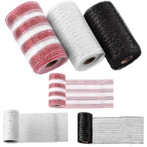 Swpeet 3 Rolls 6 Inches Mesh Ribbon Glitter Metallic Wrapping Ribbon Kit, Glitter Tulle Fabric Spool Ribbon Metallic Foil Mesh Ribbon for DIY Project Wreaths Party Decorations Wrapping Craft