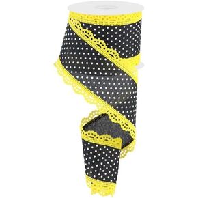 Craig Bachman 2.5" Swiss Dots Lace Edge Ribbon: Black/Yellow (10 Yards) Wired Ribbon Gift Decorating
