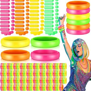 Batiyeer 48 Pcs 80s Neon Costume Accessories for Women, 24 Pcs 80s Party Neon Plastic Bracelet and 24 Pcs Beads Necklace 80s Costume Accessories for Women Neon Birthday Party Decor Supplies