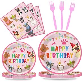 64pcs Dog Party Supplies,Puppy Birthday Party Tableware Set,Pink Puppy Face Plates Napkins Forks for Girls Kids Dog Puppy Birthday Paw Prints Party Decor,Serves 16