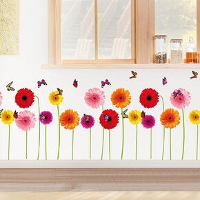 Maydahui 2 Sheets Gerbera Daisy Flowers Wall Decal 3D Floral Butterfly Wall Stickers (30*37 Inch) Peel & Stick Removable Modern Art Mural Decor for Kitchen Kids Bedroom Living Room(