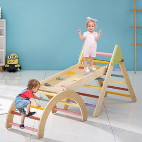 Pikler Triangle Set Climber 3 Piece Climbing Gym 5 in 1,Climbing Toys for Toddlers 1-3 Inside Wooden Montessori Climbing Set,Baby Climbing Jungle Gym Indoor Playground with Ramp Arch Kids