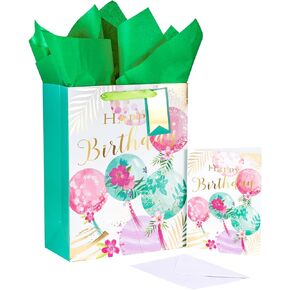 LeZakaa Birthday Gift Bag, 13" Deep Blue Gift Bag with Tissue Paper, Gift Tag and Card - Multicolored Balloon Design, Metallic Foil Printed with Happy Birthday Text for Birthday Party, Man