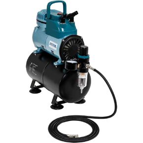 Professional Cool Running Master Airbrush 1/4 hp Twin Cylinder Piston Air Compressor with Extra Large Storage Tank - Model TC-96T High Airflow Performance 40 Ltrs/Minute - Hose, Regulator Water Trap