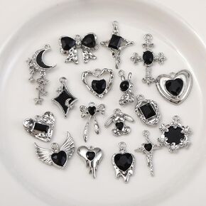 Decoendiy 20Pcs Alloy Gothic Charms, Silver Heart Star Pendants, Metal Cross Flower Bow Charms for DIY Crafts Supplies