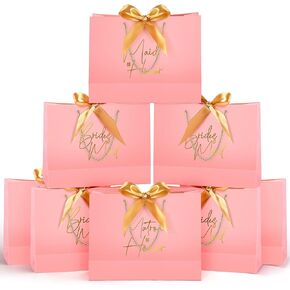 Fumete 8 Pieces Bridesmaid Proposal Bags Bridesmaid Gift Bag Pink Bridesmaid Bags with Handles Brides Maid Gift Wrap Bags 2.6 x 10 x 4 Inches Paper Party Favor Bag for Birthday Wedding,3 Styles