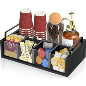 Countertop Coffee Bar Accessories Organizer, Farmhouse Coffee Station Organizer for Coffee Bar Decor, Wood Coffee Pod Holder K Cup Basket With Handle, Coffee Bar Condiment Organizer Cup Holder