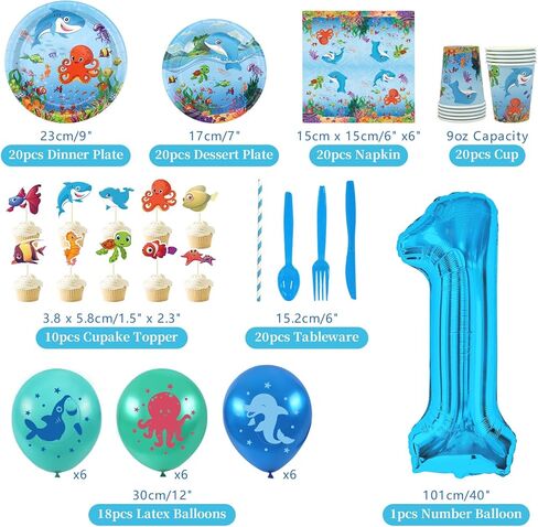 ديكورات حفلات أندر ذا سي، لوازم عيد ميلاد أوندر ذا سي، خلفية، طبق، كوب، منديل، مفرش طاولة، أدوات مائدة، بالونات، وأغطية الكعك لحفلة عيد الميلاد الأول للبحر تحت الماء، تخدم 20 شخصًا in Kuwait