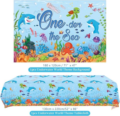 ديكورات حفلات أندر ذا سي، لوازم عيد ميلاد أوندر ذا سي، خلفية، طبق، كوب، منديل، مفرش طاولة، أدوات مائدة، بالونات، وأغطية الكعك لحفلة عيد الميلاد الأول للبحر تحت الماء، تخدم 20 شخصًا in Kuwait