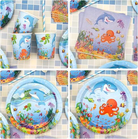 ديكورات حفلات أندر ذا سي، لوازم عيد ميلاد أوندر ذا سي، خلفية، طبق، كوب، منديل، مفرش طاولة، أدوات مائدة، بالونات، وأغطية الكعك لحفلة عيد الميلاد الأول للبحر تحت الماء، تخدم 20 شخصًا in Kuwait
