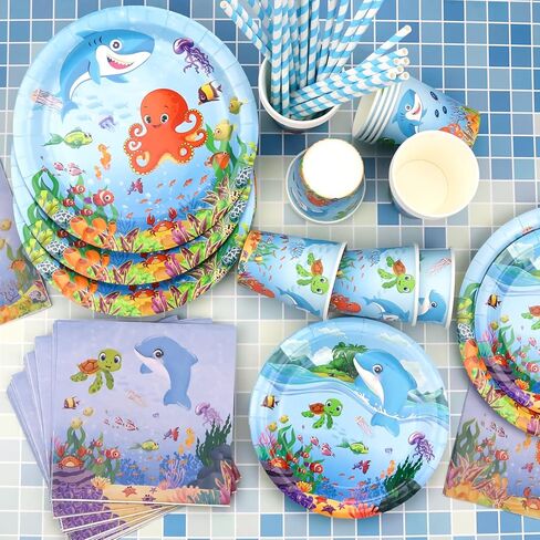 ديكورات حفلات أندر ذا سي، لوازم عيد ميلاد أوندر ذا سي، خلفية، طبق، كوب، منديل، مفرش طاولة، أدوات مائدة، بالونات، وأغطية الكعك لحفلة عيد الميلاد الأول للبحر تحت الماء، تخدم 20 شخصًا in Kuwait