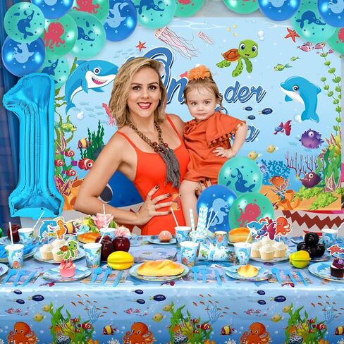 ديكورات حفلات أندر ذا سي، لوازم عيد ميلاد أوندر ذا سي، خلفية، طبق، كوب، منديل، مفرش طاولة، أدوات مائدة، بالونات، وأغطية الكعك لحفلة عيد الميلاد الأول للبحر تحت الماء، تخدم 20 شخصًا in Kuwait