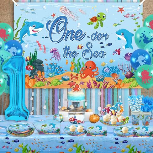 ديكورات حفلات أندر ذا سي، لوازم عيد ميلاد أوندر ذا سي، خلفية، طبق، كوب، منديل، مفرش طاولة، أدوات مائدة، بالونات، وأغطية الكعك لحفلة عيد الميلاد الأول للبحر تحت الماء، تخدم 20 شخصًا in Kuwait