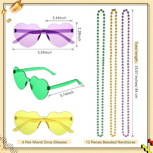 Kingdder Mardi Gras Accessory Set 6 Pair Mardi Gras Glasses and 12 Pieces Colorful Assorted Round Carnival Beaded Necklaces for Mardi Gras Festivals Mardi Gras Parades Events and Party Favor in Saudi Arabia