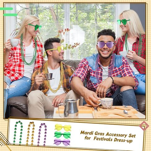 Kingdder Mardi Gras Accessory Set 6 Pair Mardi Gras Glasses and 12 Pieces Colorful Assorted Round Carnival Beaded Necklaces for Mardi Gras Festivals Mardi Gras Parades Events and Party Favor in Saudi Arabia