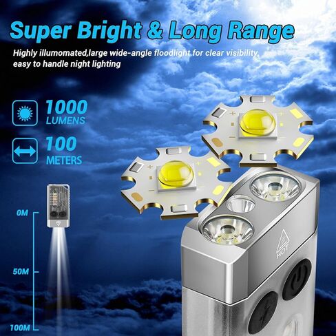 ضوء سلسلة المفاتيح 1000 لومن، IPX4 مقاوم للماء، مع ضوء أحمر، مصباح يدوي صغير قابل لإعادة الشحن EDC، أضواء جانبية -14 وضعًا، مع شفط مغناطيسي، تأثير الضوء الليلي، إنذار صفارة قطعتين (أبيض فلورسنت 2) in Kuwait