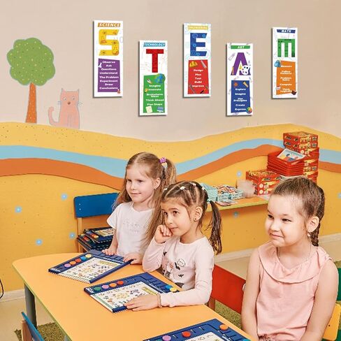 HLNIUC STEAM Science Classroom Decor Wood (4 بوصة × 11.5 بوصة × 5 قطع) ملصقات جذعية، ملصقات تحفيزية للفصل الدراسي، ملصقات رياضيات للمدرسة المتوسطة الابتدائية، لوحة إعلانات تعليمية للعلوم in Kuwait