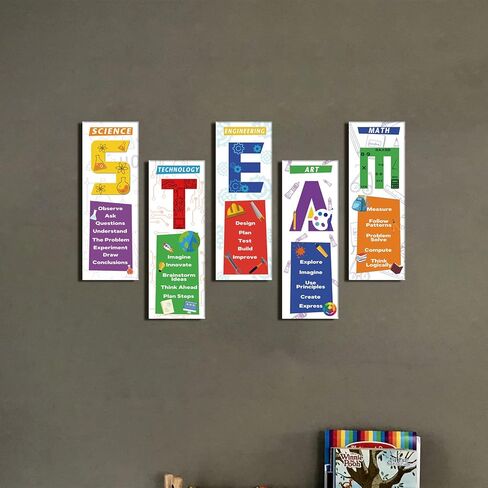 HLNIUC STEAM Science Classroom Decor Wood (4 بوصة × 11.5 بوصة × 5 قطع) ملصقات جذعية، ملصقات تحفيزية للفصل الدراسي، ملصقات رياضيات للمدرسة المتوسطة الابتدائية، لوحة إعلانات تعليمية للعلوم in Kuwait