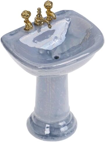 TBoxBo 1:12 مجموعة بورسلين مصغرة لبيت الدمى، حوض مرحاض عتيق، حوض استحمام، ملحقات الحمام، ديكور الأثاث، طقم مرآة حمام صغيرة، أزرق in Kuwait