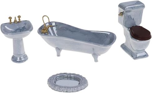 TBoxBo 1:12 مجموعة بورسلين مصغرة لبيت الدمى، حوض مرحاض عتيق، حوض استحمام، ملحقات الحمام، ديكور الأثاث، طقم مرآة حمام صغيرة، أزرق in Kuwait