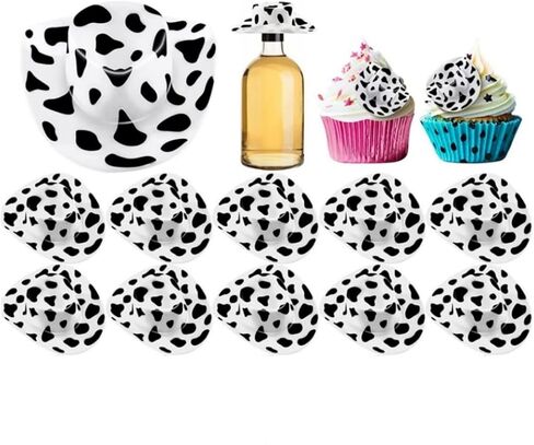 قبعة رعاة البقر الغربية الصغيرة، قبعة راعية البقر، 10 قطع من إكسسوارات زينة الحفلات، قبعة دمية لطيفة، قبعة بقرة بيضاء وسوداء لمستلزمات كعكة عيد الميلاد، ملحقات تزيين الدمية in Kuwait