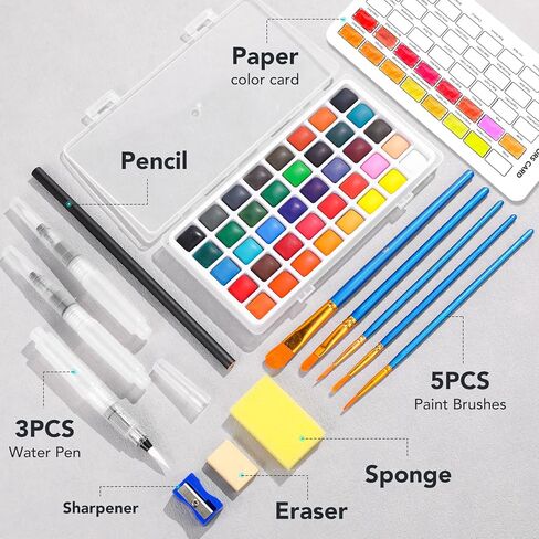 مجموعة طلاء AROIC 40 بألوان مائية صلبة، في صندوق محمول مع قفل غطاء متين، تتضمن 5 فرش طلاء، 3 أقلام فرشاة مياه، قلم رسم، ممحاة، إسفنجة، مبراة وكل شيء آخر تحتاجه، مجموعة السفر in Kuwait