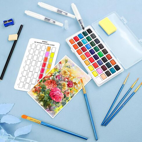 مجموعة طلاء AROIC 40 بألوان مائية صلبة، في صندوق محمول مع قفل غطاء متين، تتضمن 5 فرش طلاء، 3 أقلام فرشاة مياه، قلم رسم، ممحاة، إسفنجة، مبراة وكل شيء آخر تحتاجه، مجموعة السفر in Kuwait