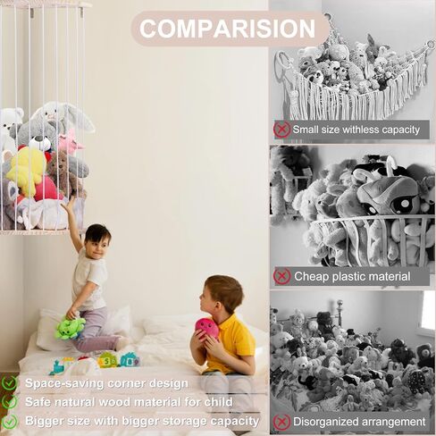 حامل ألعاب قطيفة على شكل زاوية خشبية لتخزين الحيوانات المحشوة من Cevhzoe مع نمط نجمة، رف منظم لألعاب الحيوانات المحشوة معلق بطول قابل للتعديل لغرفة لعب الأطفال وغرفة النوم وغرفة الأطفال in Kuwait