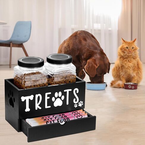 حاوية مكافآت الكلاب، حاوية تخزين طعام الكلاب المزدوجة مع برطمانتين للمكافآت، ومغرفتين، منظم تخزين مكافآت الحيوانات الأليفة، حاوية مكافآت القطط، منظم وتخزين مكافآت الكلاب، هدايا لمالك الحيوانات الأليفة، باللون الأسود in Kuwait