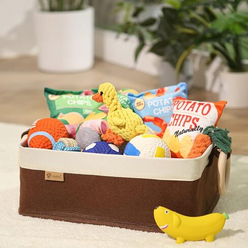 Yiotl Premium Dog Toy Box, Pet Toy Storage Basket - Felt & Canvas Storage Basket for Toys - White & Brown in Kuwait
