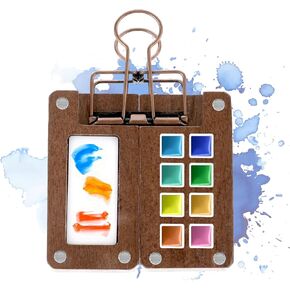 Molain 8 Grid Mini Portable Watercolor Palette with Clip, Wooden Mini Paint Palette, Travel Paint Tray Box, Sketchbook Palette for Watercolor, Gouache, Acrylic Paint, Gift for Painters and Artists