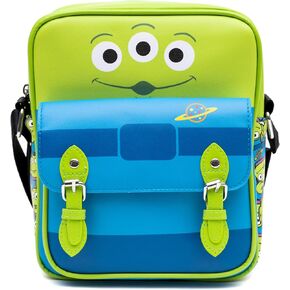 Disney Vegan Leather Crossbody Bag with Front Pocket, Toy Story Alien Bodice and Stacked Aliens Green Blue, 7.5" x 9"