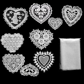 9pcs Heart Shapes Lace Applique Embroidery Organza Patches DIY Sewing Craft for Decoration Repairing and Decorating (White)