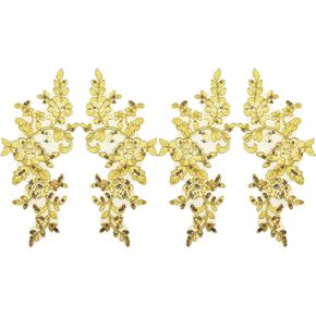 2 Pairs Embroidery Sequin Lace Appliques Mirror Pair Sew On Flower Fabric Collar Patch for Motif Wedding Gown Dress Bridal Dress DIY Crafts Gold