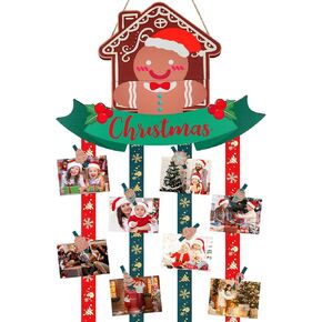 Christmas Card Holder, Gingerbread Man Wooden Hanging Picture Holders, Xmas Card Display with 24 Photo Clips, Christmas Wall Door Window Home Decor (Gingerbread Man)