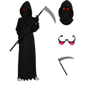 Grim Reaper Costume Kids Adult,Halloween Scary Ghost Boys Cosplay Outfit with Accessories