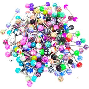 AINIFU 50Pcs Disposable Beautiful Colorful Women Tongue Ring Bar Stud Random Color Tongue Rings Stainless Steel Barbells Piercing Jewelry