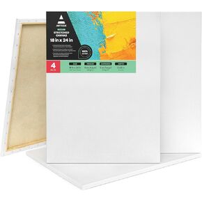 ARTEZA Stretched Canvas, 18 x 24 Inches, Pack of 4, Blank White Large Canvas for Painting for Acrylic, Oil and Gouache Paints