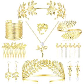 milacolato اليونانية آلهة زي الاكسسوارات مجموعة للنساء الذهبي ورقة الغار تاج عقال الذراع الكفة لفائف سوار اللؤلؤ ورقة أقراط قلادة خواتم الشعر مشط دبابيس الزفاف خوذة توغا المجوهرات in Kuwait