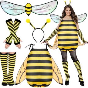MOVINPE Bee Costume for Women Adults, Halloween Funny Bee Outfit Cosplay Accessories, Bee Dress Wing Headband with Feelers Stockings Gloves