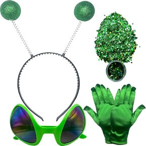 Alien Headband, Alien Costume for Adult Women and Kids, Halloween Accessories: Glasses, Gloves, Holographic Glitter
