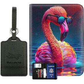 Passport Holder Women, Luggage Tags and Passport Covers Set, PU Leather Passport Wallet with RFID Blocking, Waterproof Travel Document Case for Men, Adorable Tropical Flamingo Card Holder