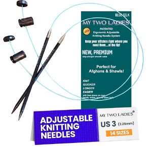 My Two Ladies | Blue Silk | Adjustable Ergonomic Knitting Needles | 7" Wooden Knitting Needle | 24" Kink-Resistant Rotating Cable | Knit Quicker, Longer & Easier w/Reduced Hand Stress | US8 (5mm)