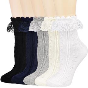 BIVOLU Womens Crew Socks Lace Ruffle Frilly Cotton Cute Princess Ankle Dress Socks for Girl 5 Pack