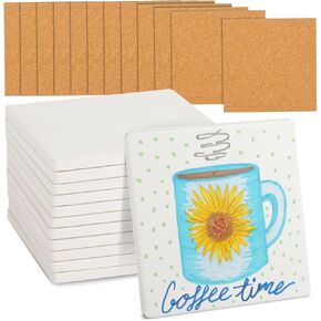 Bright Creations 4 Inch Square White Ceramic Tiles with Cork Backing Pads - 12 Pack of Unglazed White DIY Coasters for Painting and Crafting - Ceramic Tile Pack